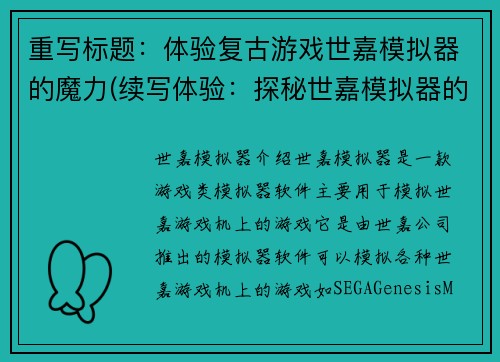 重写标题：体验复古游戏世嘉模拟器的魔力(续写体验：探秘世嘉模拟器的复古游戏魅力)