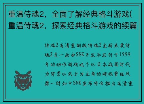 重温侍魂2，全面了解经典格斗游戏(重温侍魂2，探索经典格斗游戏的续篇)